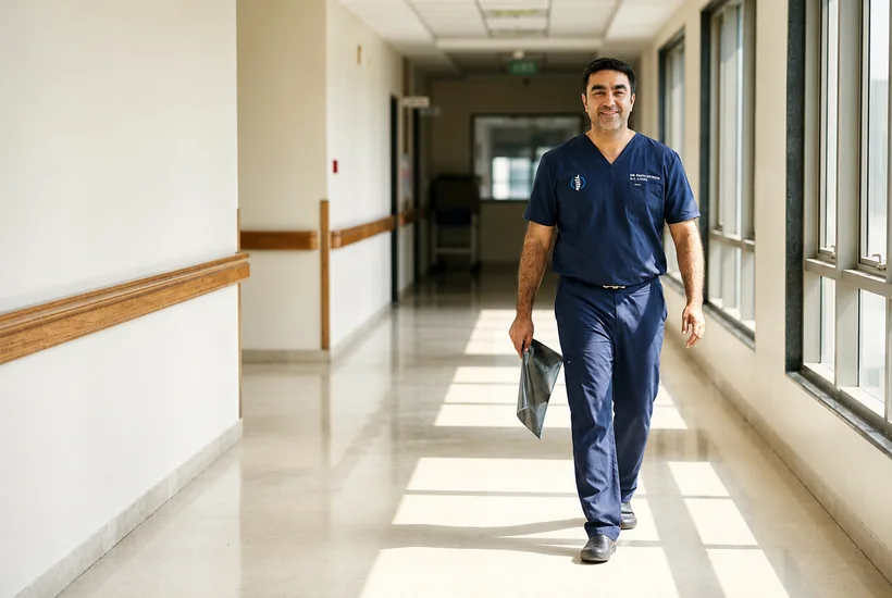Dr. Nisarg Trivedi walking through the daylit corridor of Vishwas Orthopaedic Hospital, Bharuch