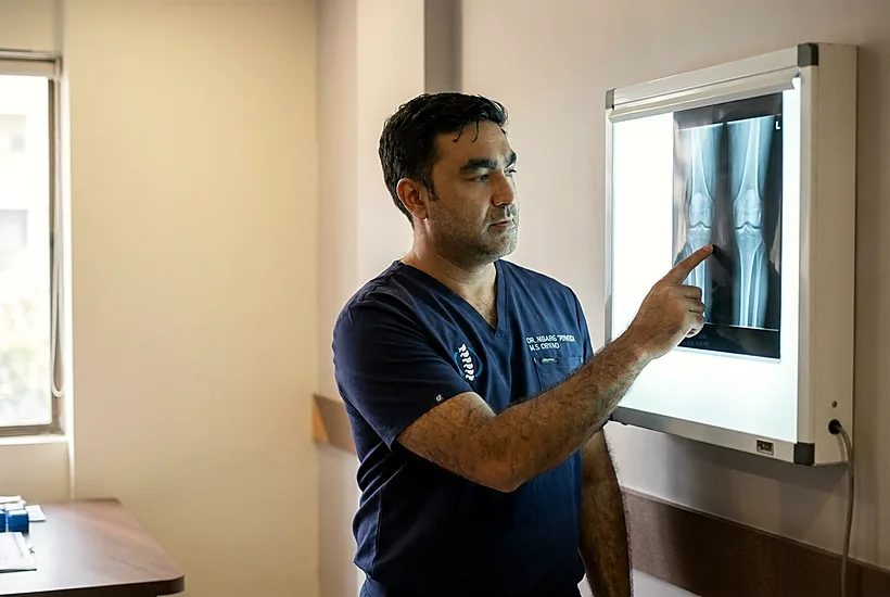 Dr. Nisarg Trivedi reviewing a knee X-ray on the viewing lightbox in his consultation room in Bharuch
