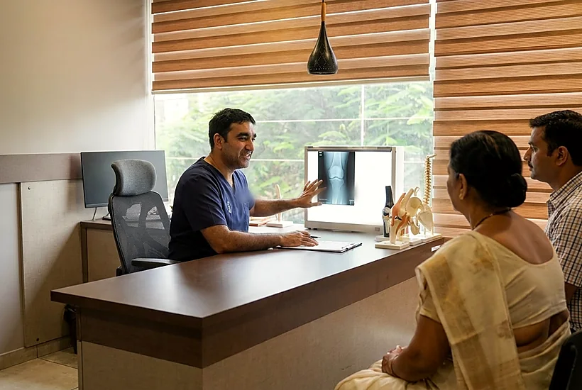 Dr. Nisarg Trivedi explaining a knee X-ray to a patient and her son in his consulting room at Vishwas Orthopaedic Hospital, Bharuch