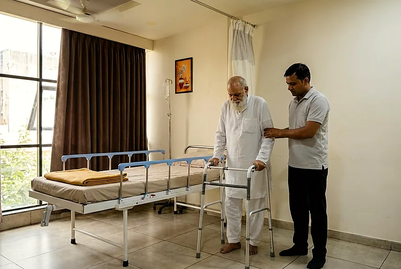A physiotherapist supporting a patient taking early steps with a walking frame at Vishwas Orthopaedic Hospital, Bharuch