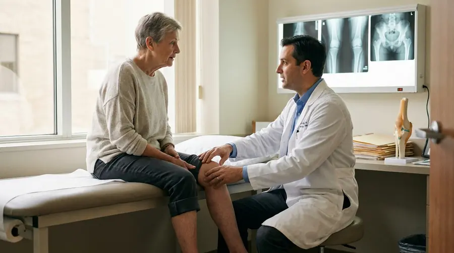 Orthopaedic surgeon examining an older patient's knee in the outpatient clinic with X-rays on the view box