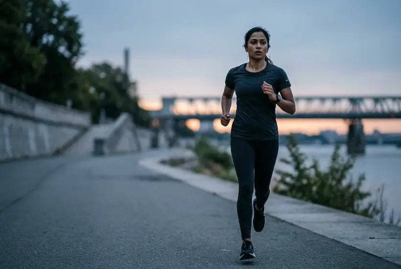 Runner mid-stride at dawn