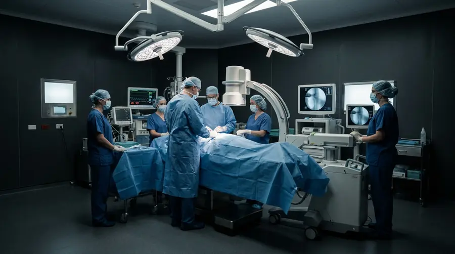 Theatre team of five working around the operating table with a mobile C-arm at Vishwas Orthopaedic Hospital