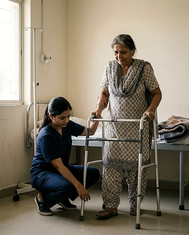 An older woman taking her first assisted steps beside her hospital bed with a walking frame while a physiotherapist steadies her elbow