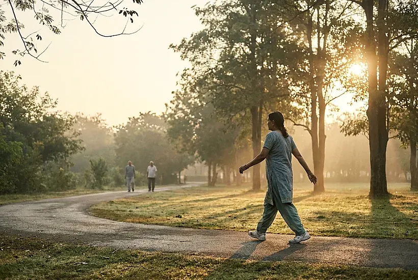 A woman in her sixties walking briskly and unaided along a garden walking track at sunrise in Bharuch
