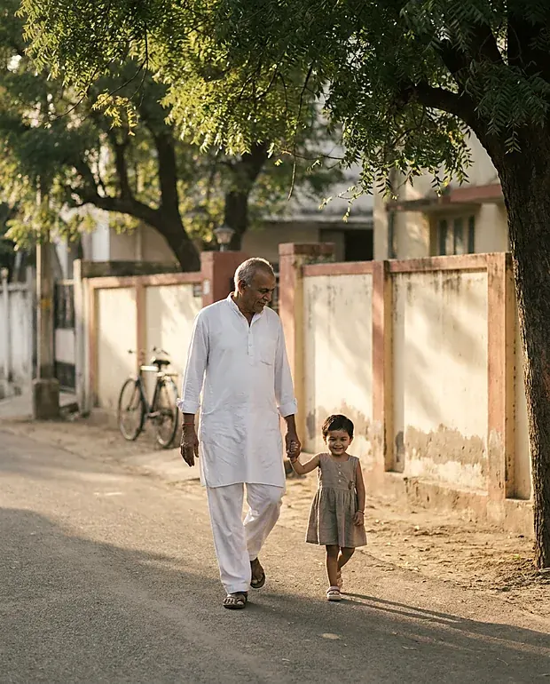 An older man in a white kurta walking unaided along a tree-lined Bharuch street at golden hour, holding his small granddaughter's hand