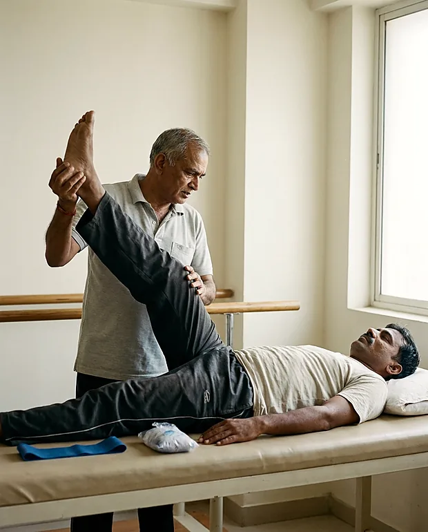 A man on a padded treatment couch performing a straight-leg raise while a senior physiotherapist supports his heel