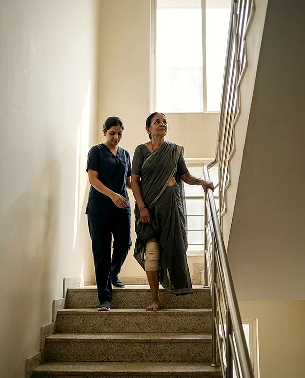 A woman in a saree using the handrail on a daylit hospital staircase six weeks after knee replacement, a physiotherapist following one step behind