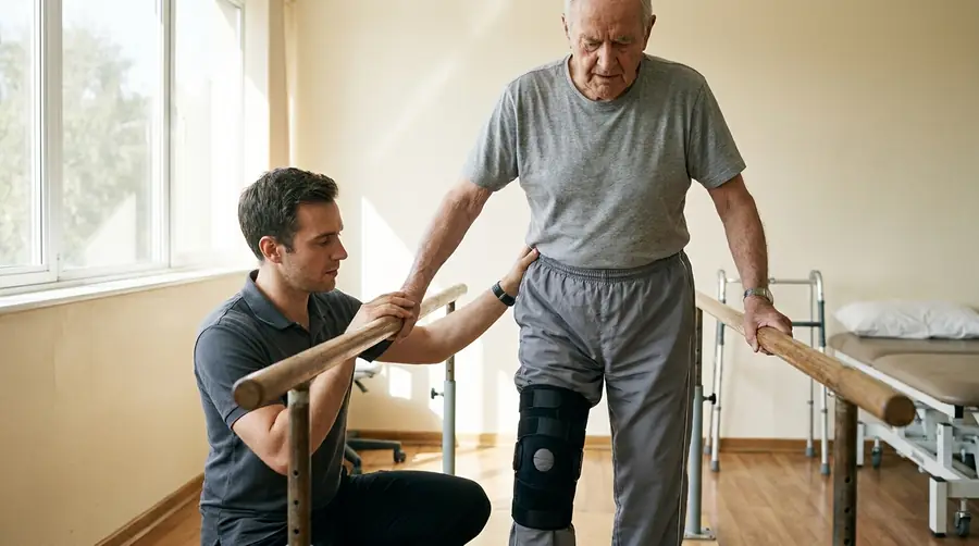 Physiotherapist supporting an older patient walking between parallel bars after joint replacement surgery
