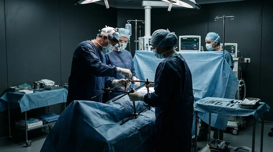 Trauma team applying an external fixator frame to stabilise a severe limb injury in emergency surgery