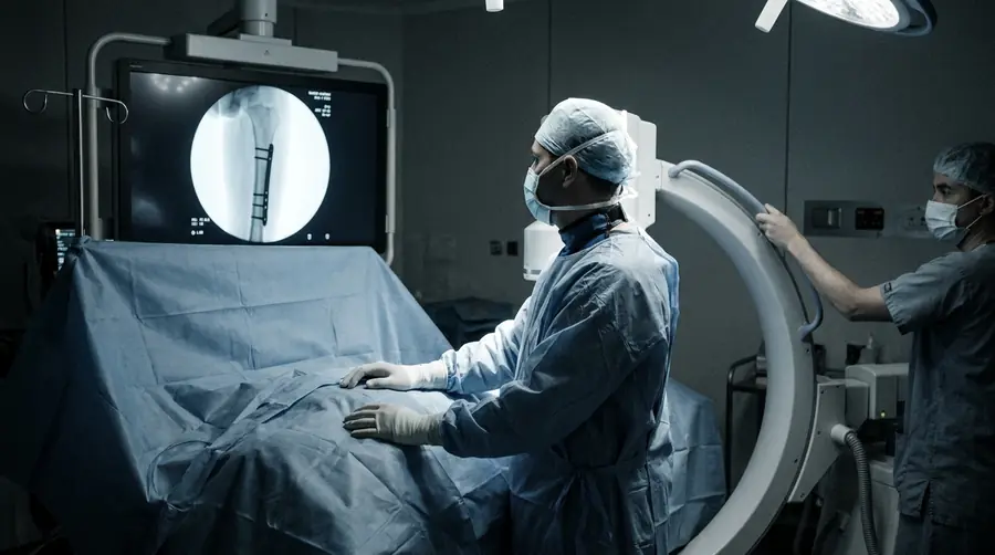 Surgeon reading live C-arm fluoroscopy during minimally invasive plate osteosynthesis