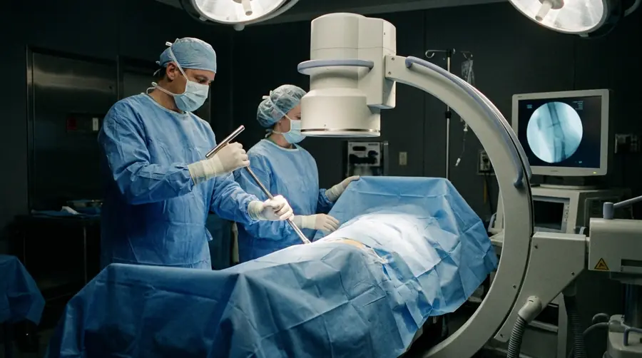 Surgeon performing closed interlocking nailing on the fracture table under C-arm guidance