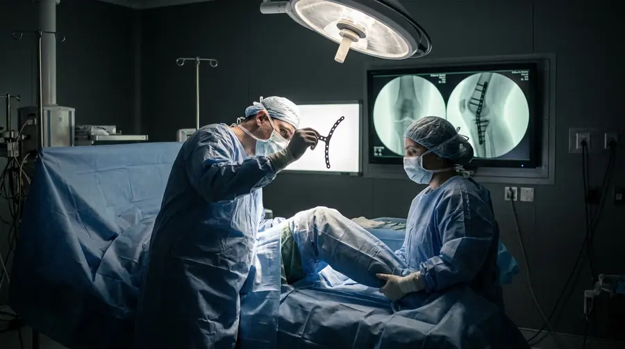 Surgeon checking an anatomically contoured locking plate during peri-articular fracture reconstruction
