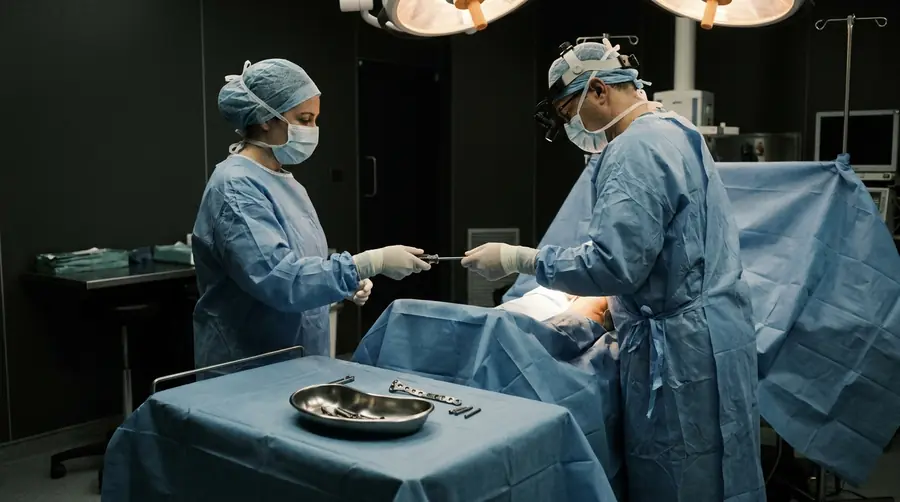 Scrub nurse passing a screwdriver to the surgeon during removal of a healed fracture implant