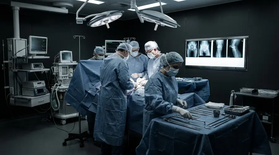 Full surgical team during a revision joint replacement with the previous X-rays lit on the viewing box