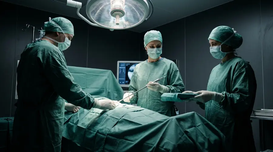 Orthopaedic surgeons performing a total hip replacement under theatre lights