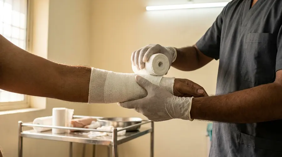 Orthopaedic technician applying a fibreglass cast to an adult patient forearm