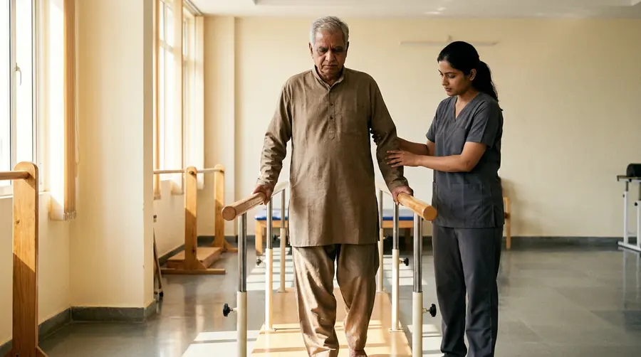 Older man walking between parallel bars while a physiotherapist steadies his arm