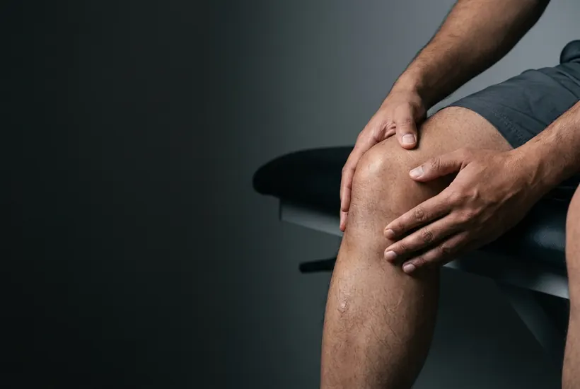 A surgeon examining a patient knee joint by hand in a consultation room at Vishwas Orthopaedic Hospital, Bharuch