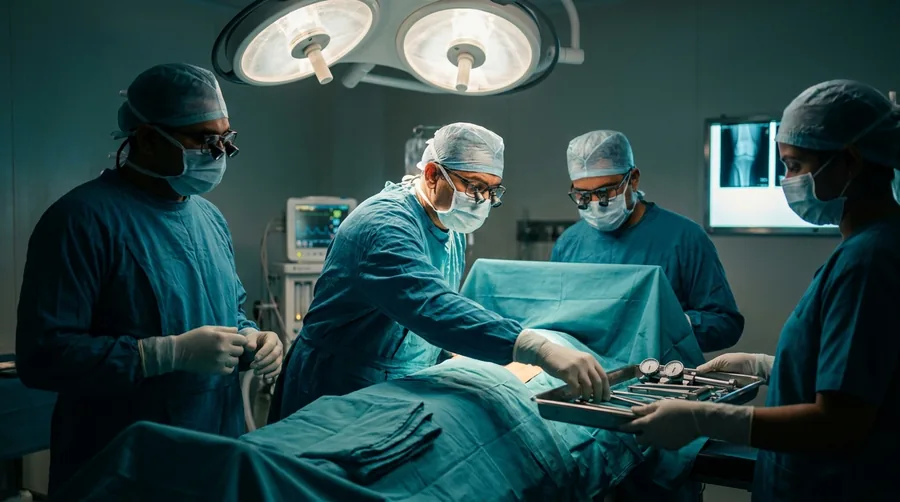 Surgical team performing a knee replacement in the operating theatre at Vishwas Orthopaedic Hospital, Bharuch