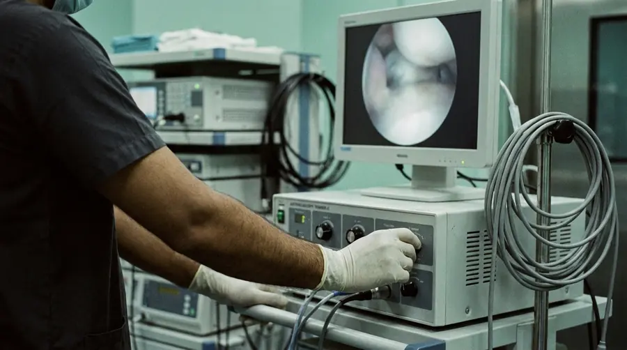 Orthopaedic surgeon adjusting the arthroscopy camera unit beside the theatre monitor