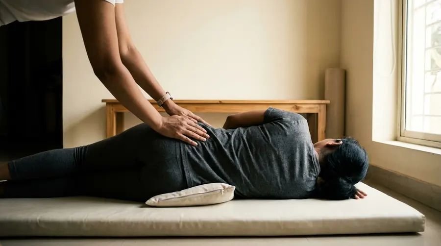 Physiotherapist guiding an adult through a supported lower-back mobility exercise
