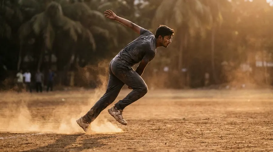 Young cricketer accelerating across a dusty ground at golden hour